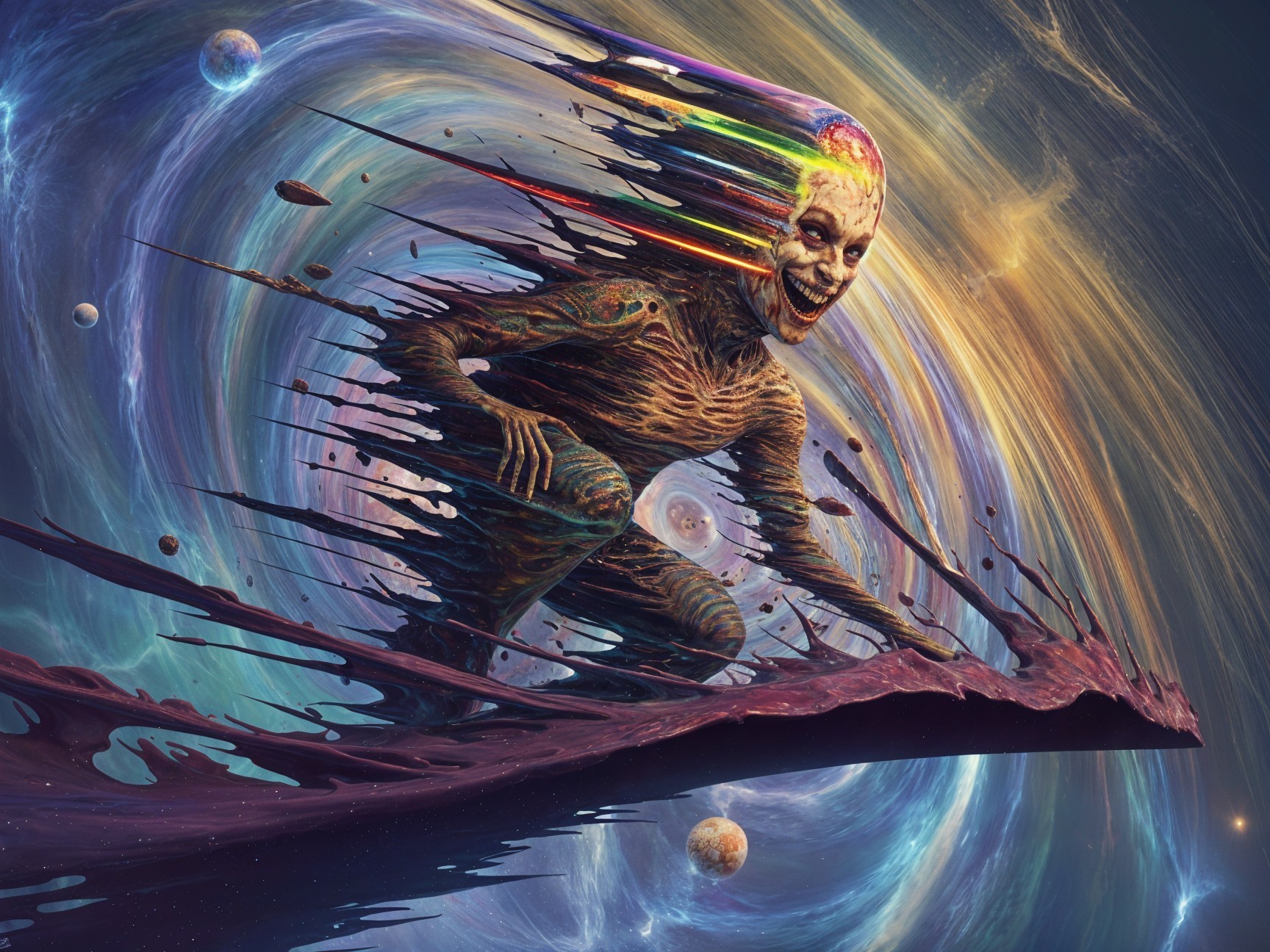 Surreal Figure Racing Through Cosmic Vortex with Colors