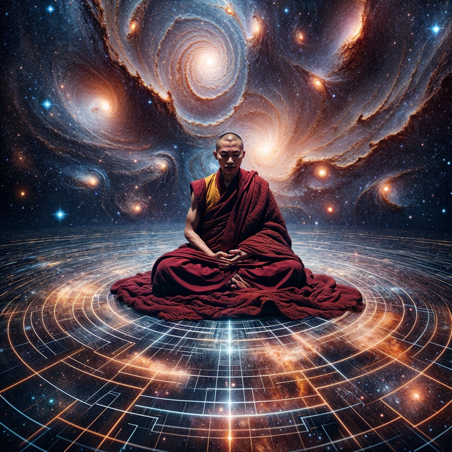 Monk Meditating on Illuminated Grid in Cosmic Space