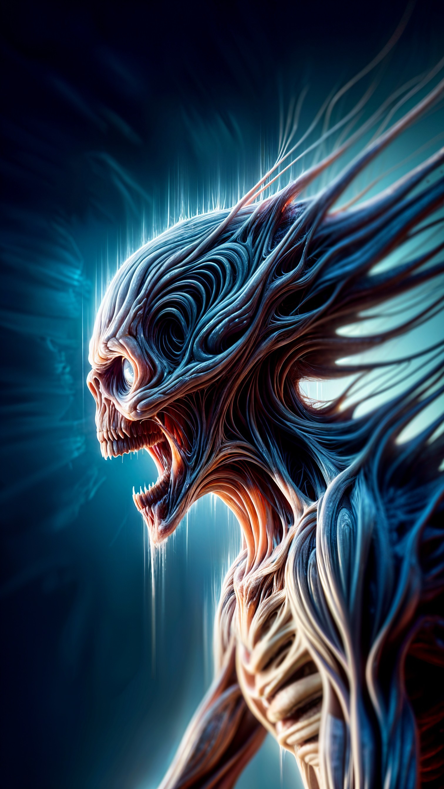 Surreal Figure with Sinewy Tendrils and Skeletal Face