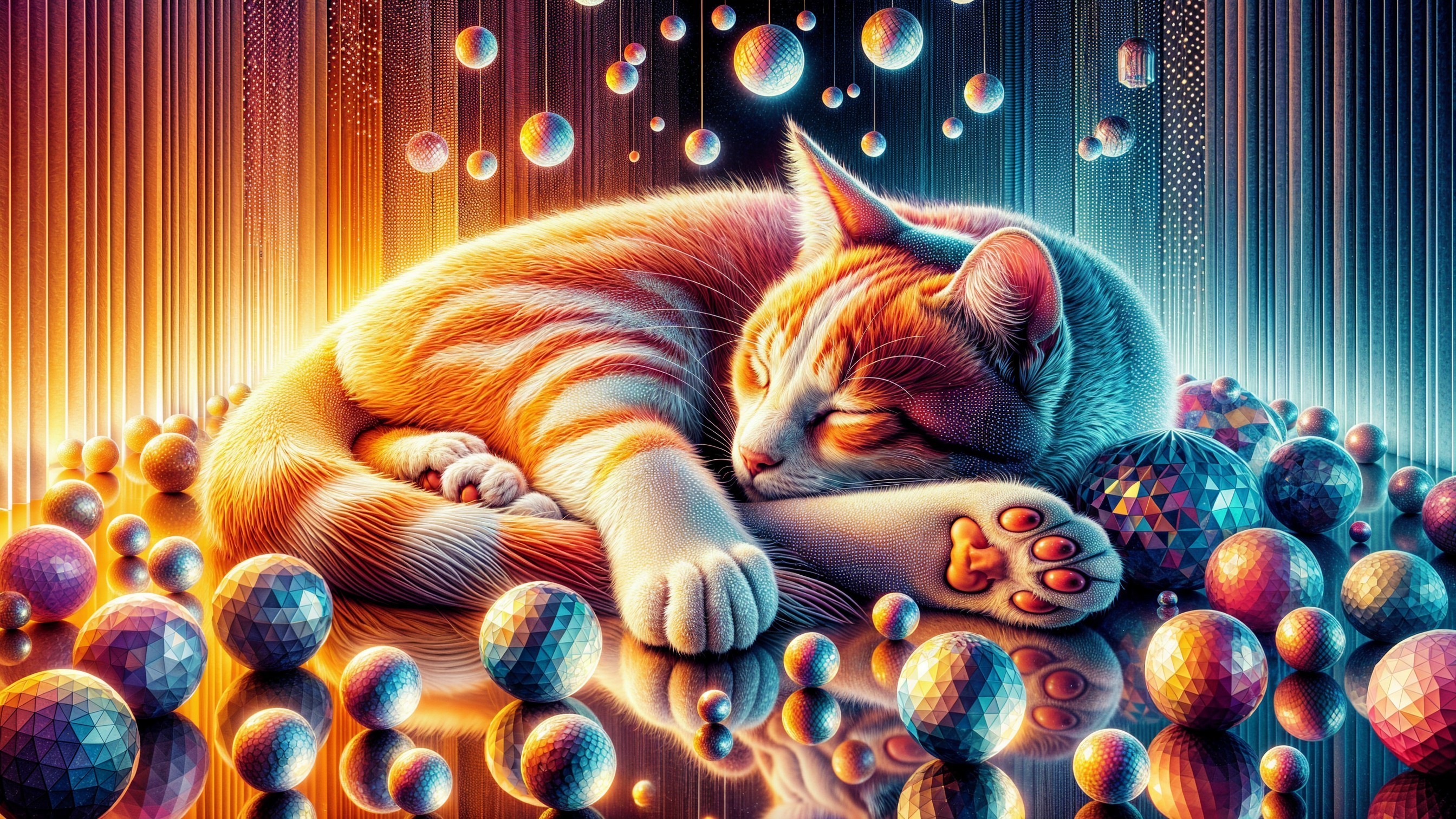 Sleeping Orange Tabby Cat Among Colorful Spheres