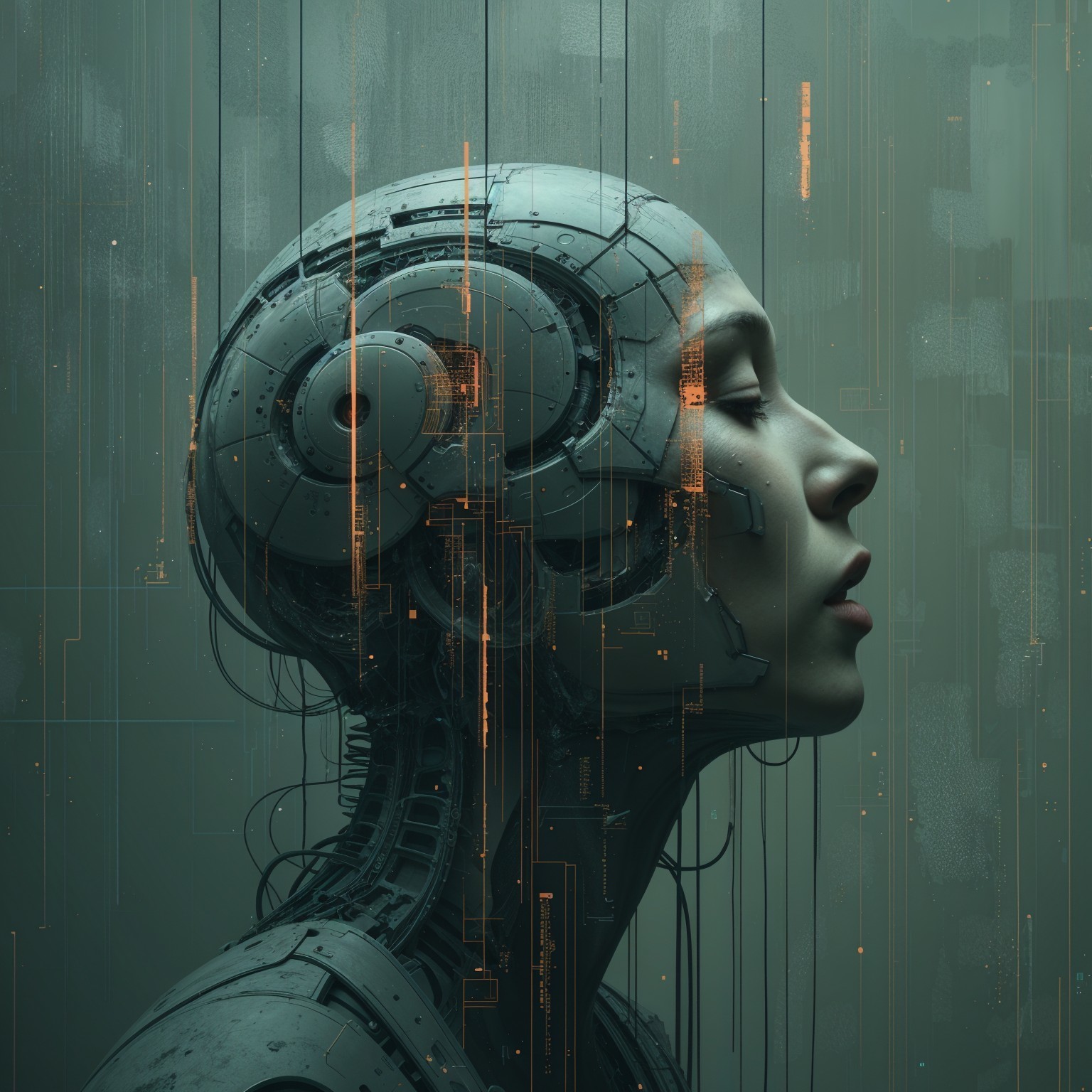 Futuristic Cybernetic Head with Human-Machine Fusion