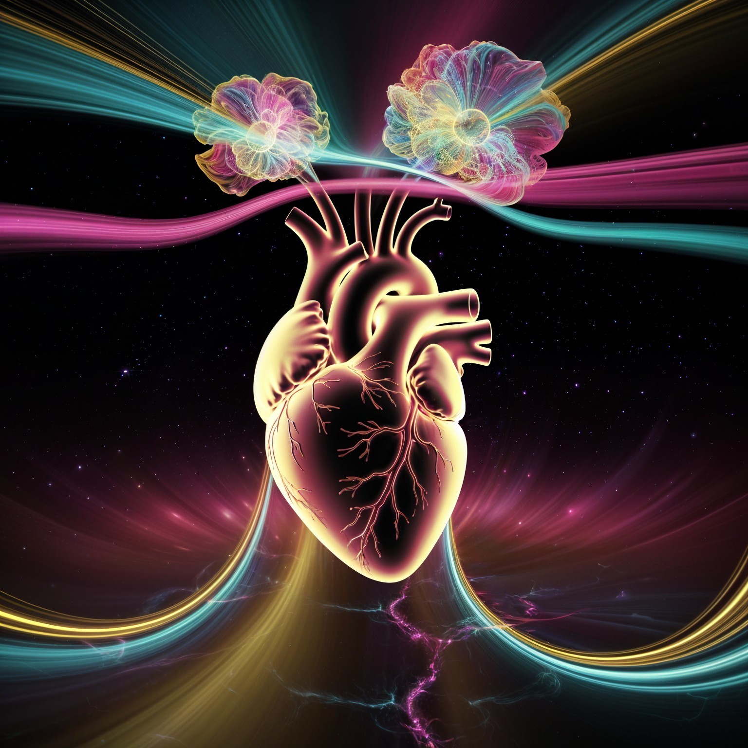 Vibrant Heart with Ethereal Flowers in Starry Background