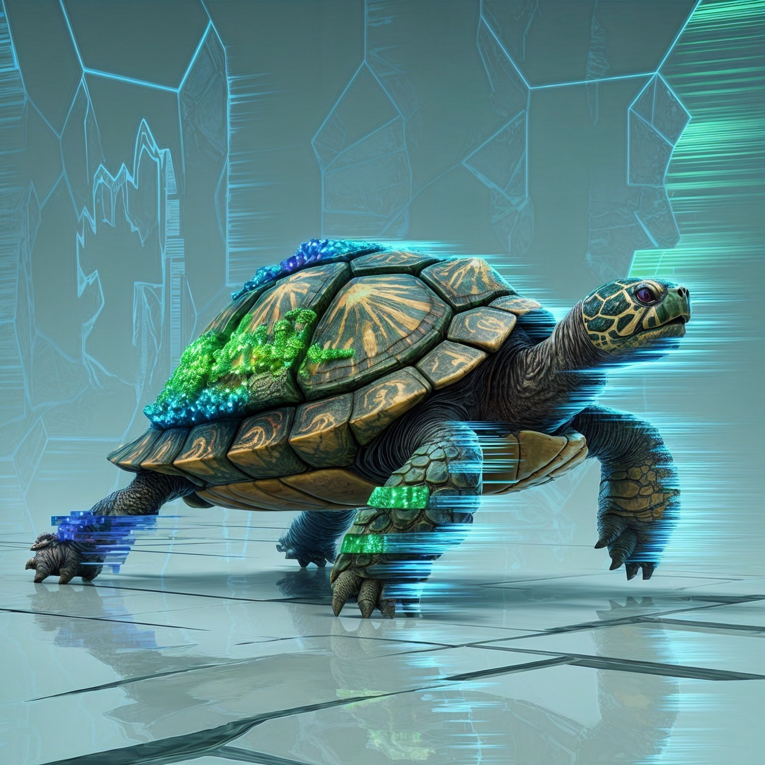 Futuristic turtle with gem-encrusted shell in glowing setting