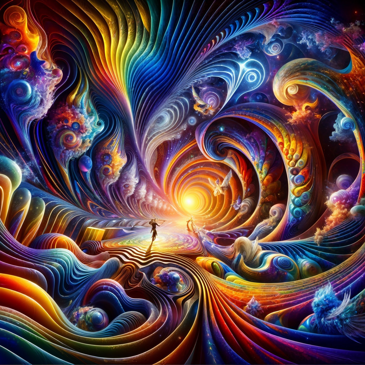 Vibrant Cosmic Landscape with Spirals and Light