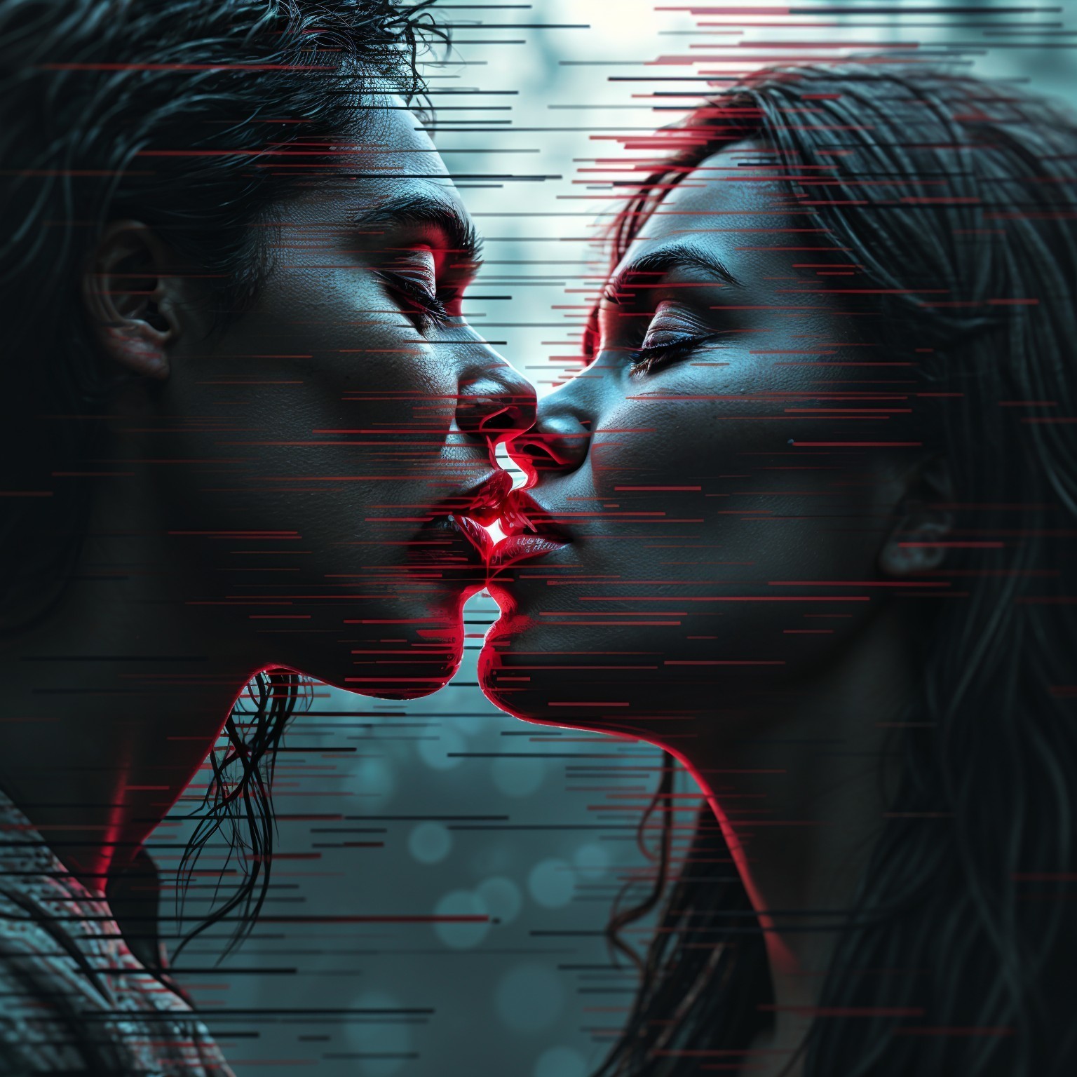 Intimate moment between two individuals with glitch effect