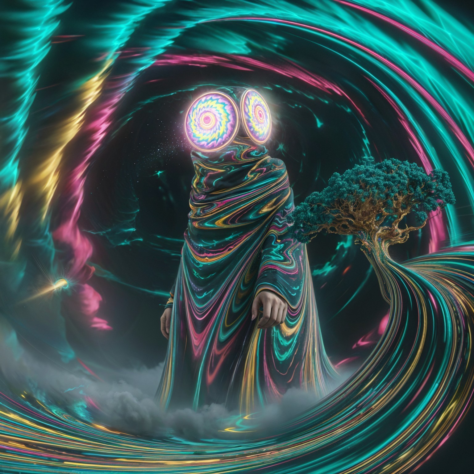 Cloaked Figure in Cosmic Landscape with Surreal Elements