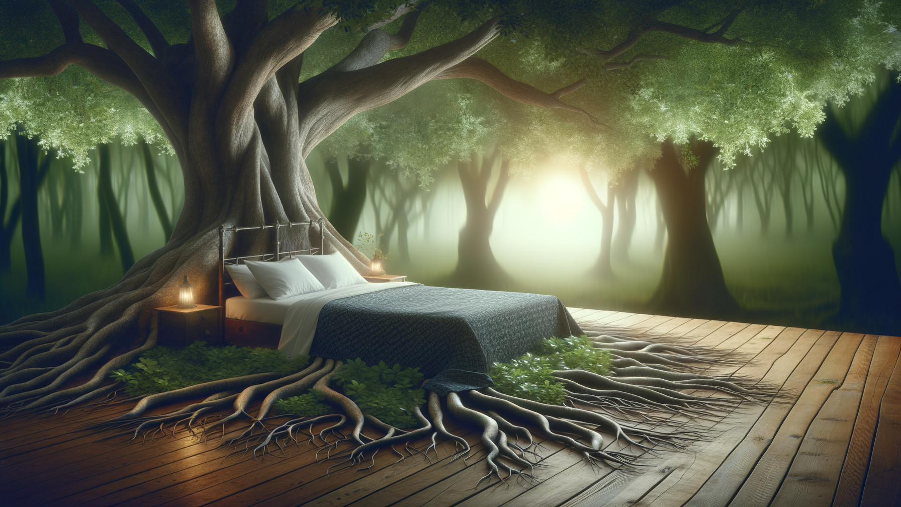 Serene Bedroom Under Giant Tree with Natural Light