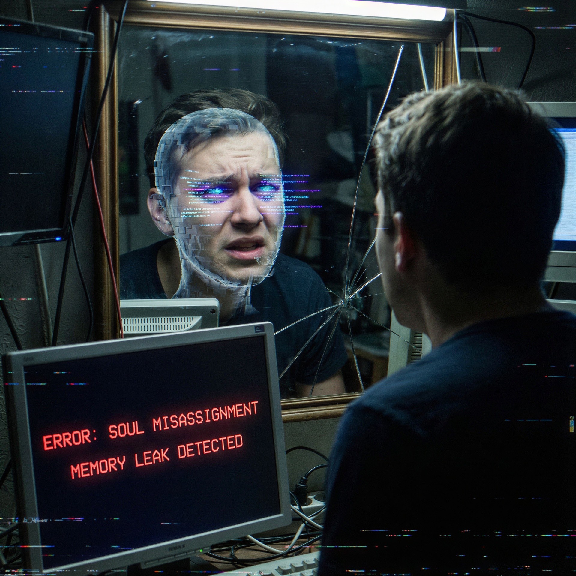 Man Observing Reflection in Broken Mirror with Code Elements