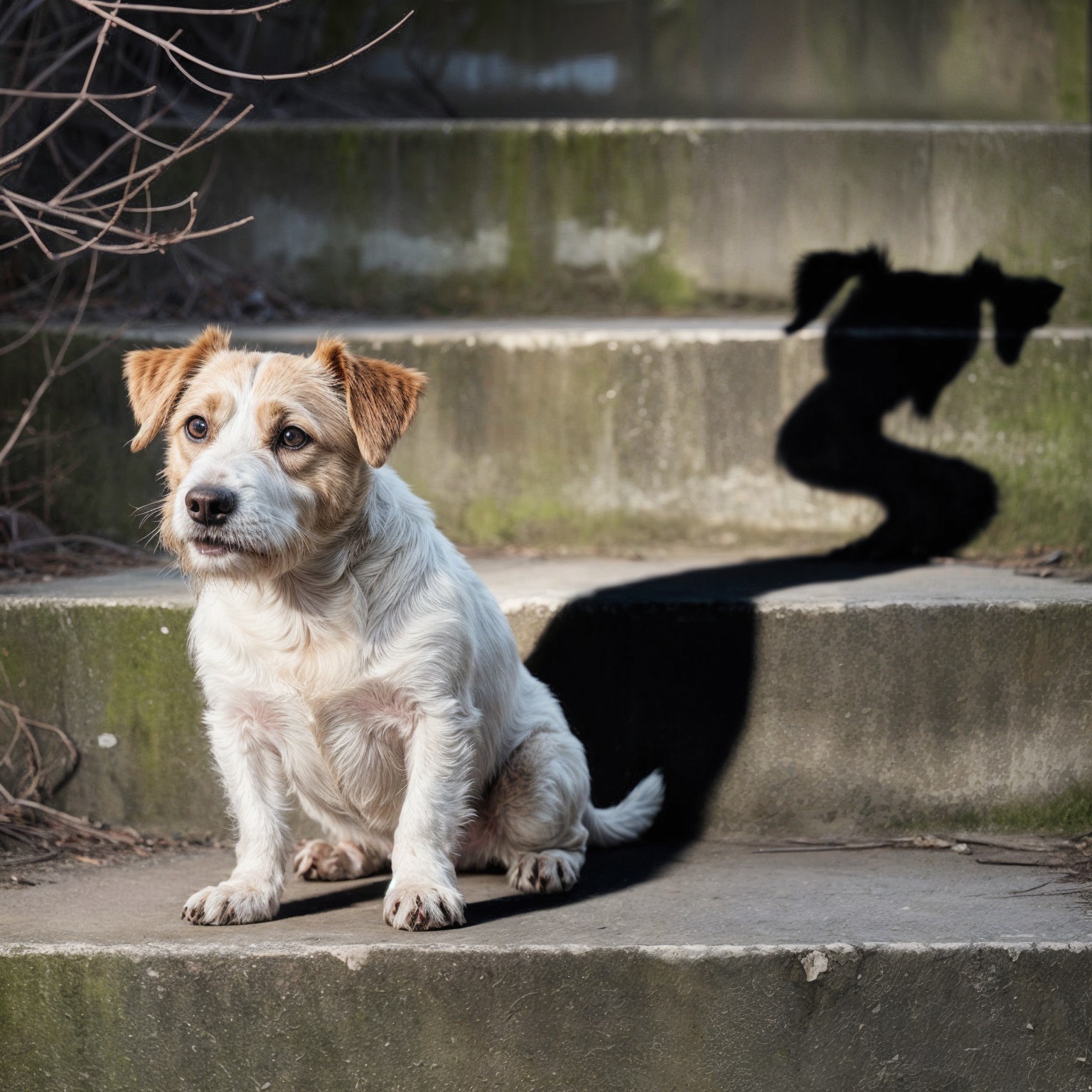 Small dog on stone steps in sunlight and greenery