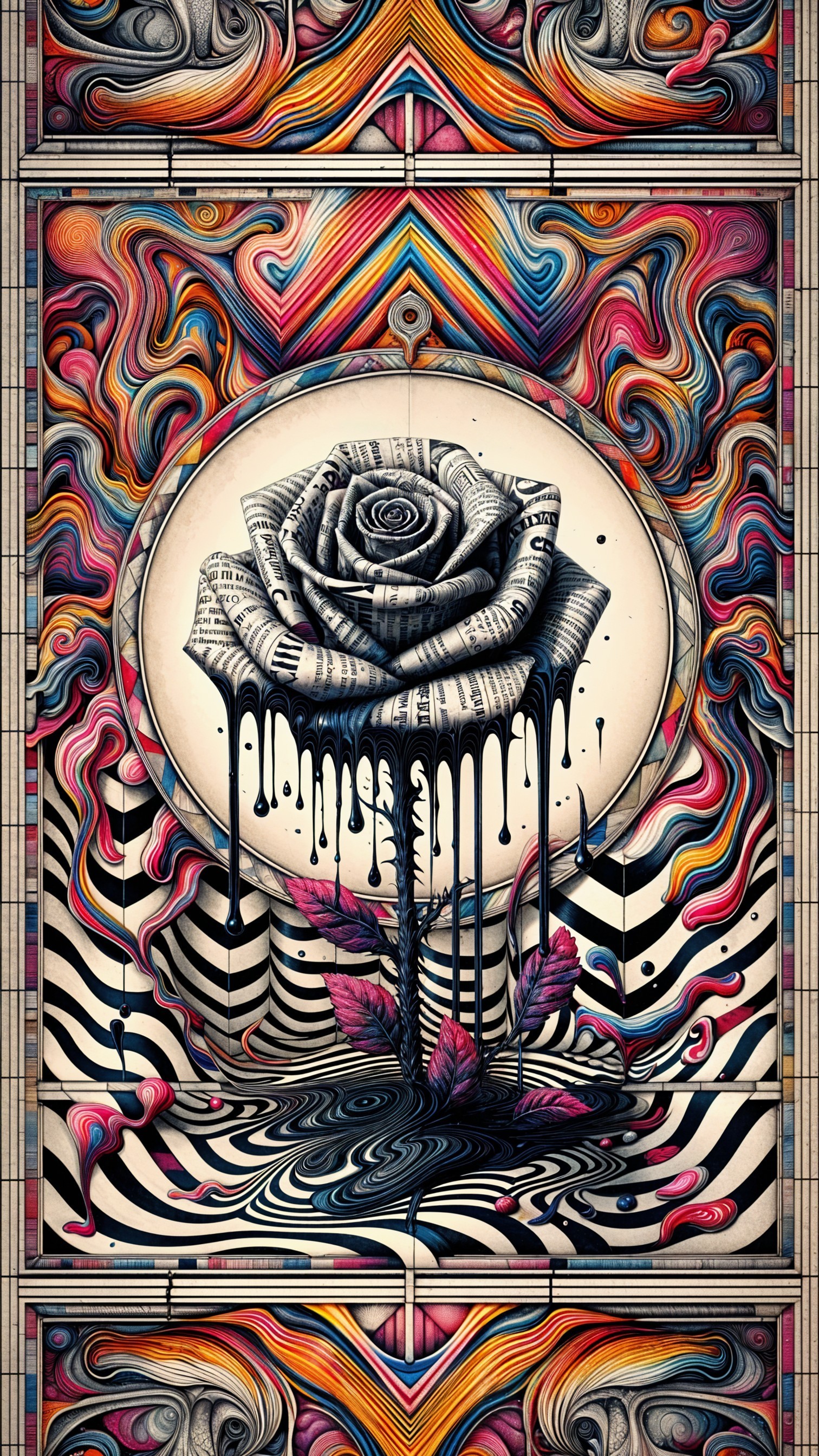 Surreal Rose Made of Newspaper Pages with Colorful Patterns