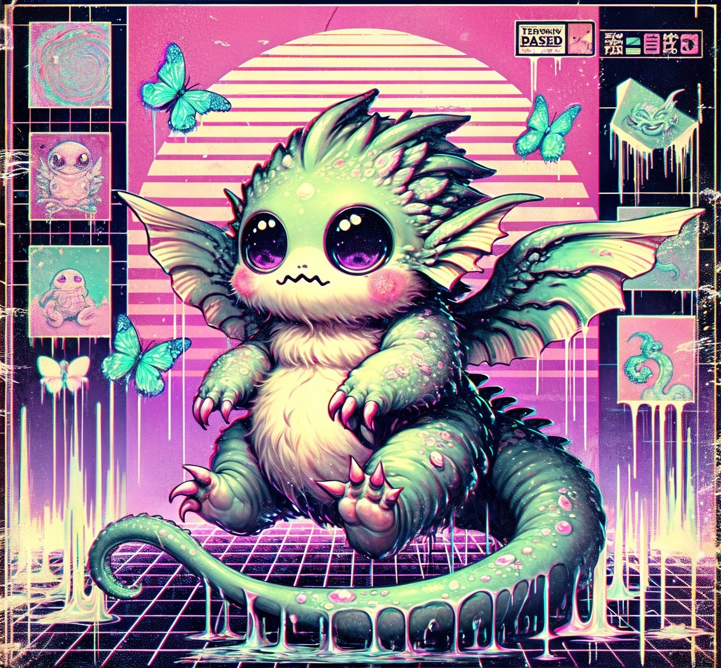 Whimsical Dragon Creature in Retro Neon Background