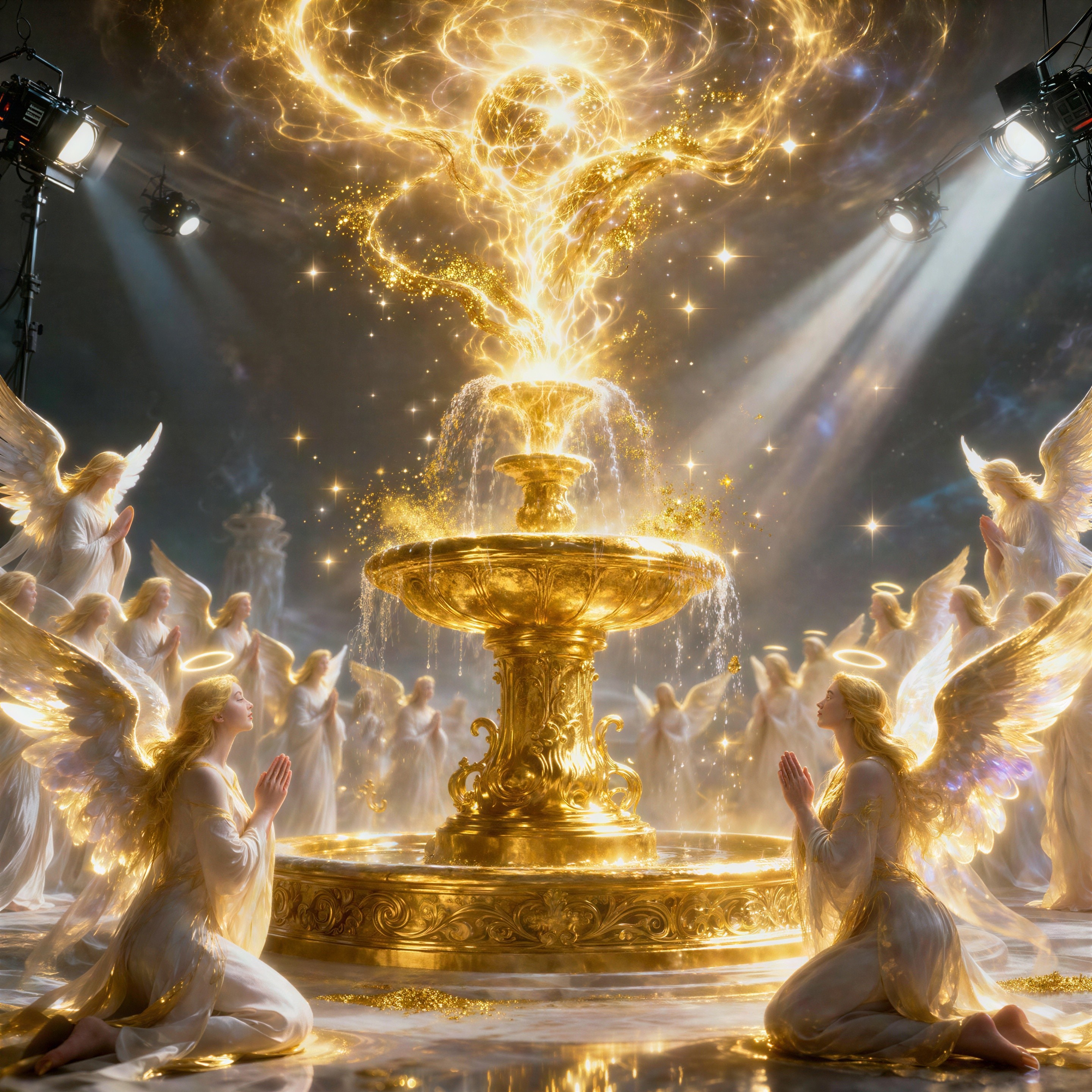Angels Praying Around a Golden Fountain with Light