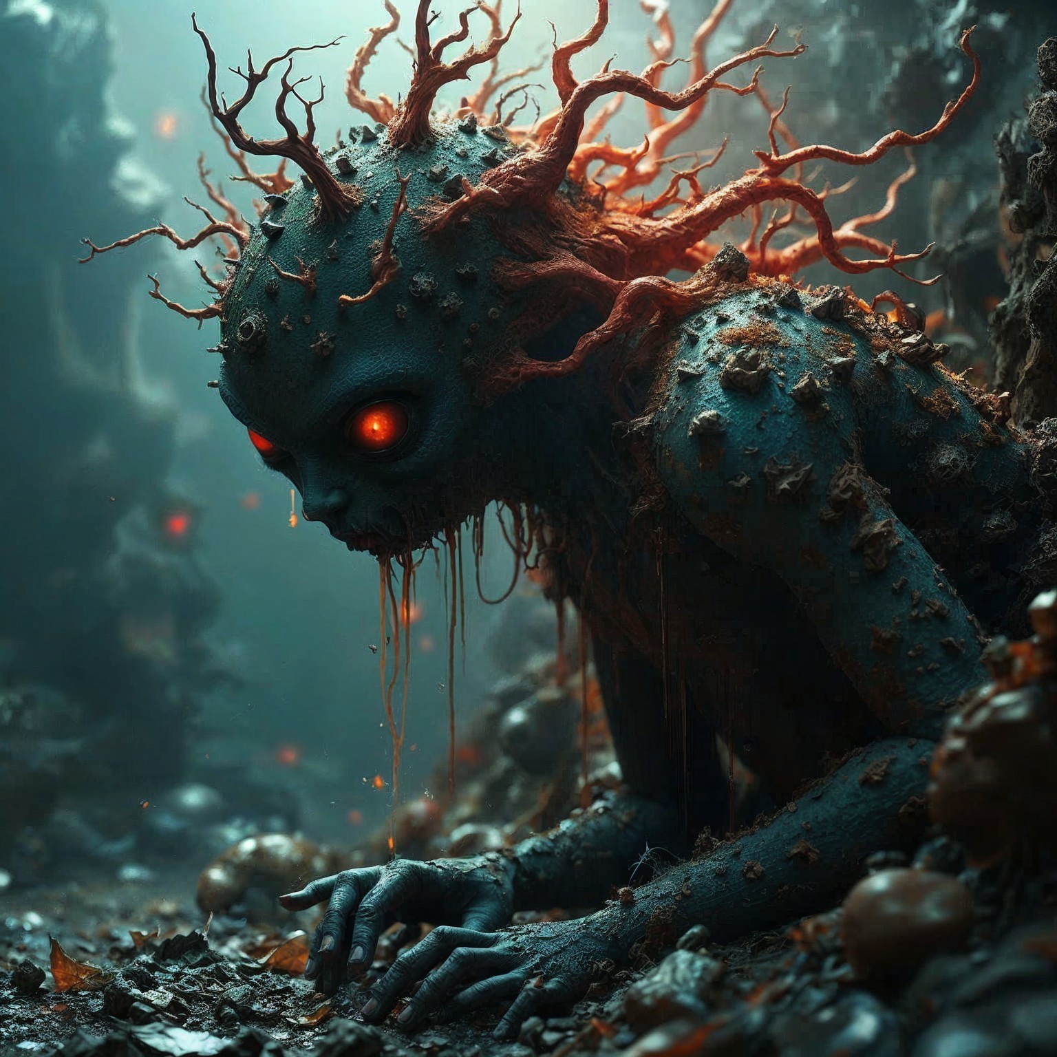 Mossy-skinned creature with glowing eyes in shadows