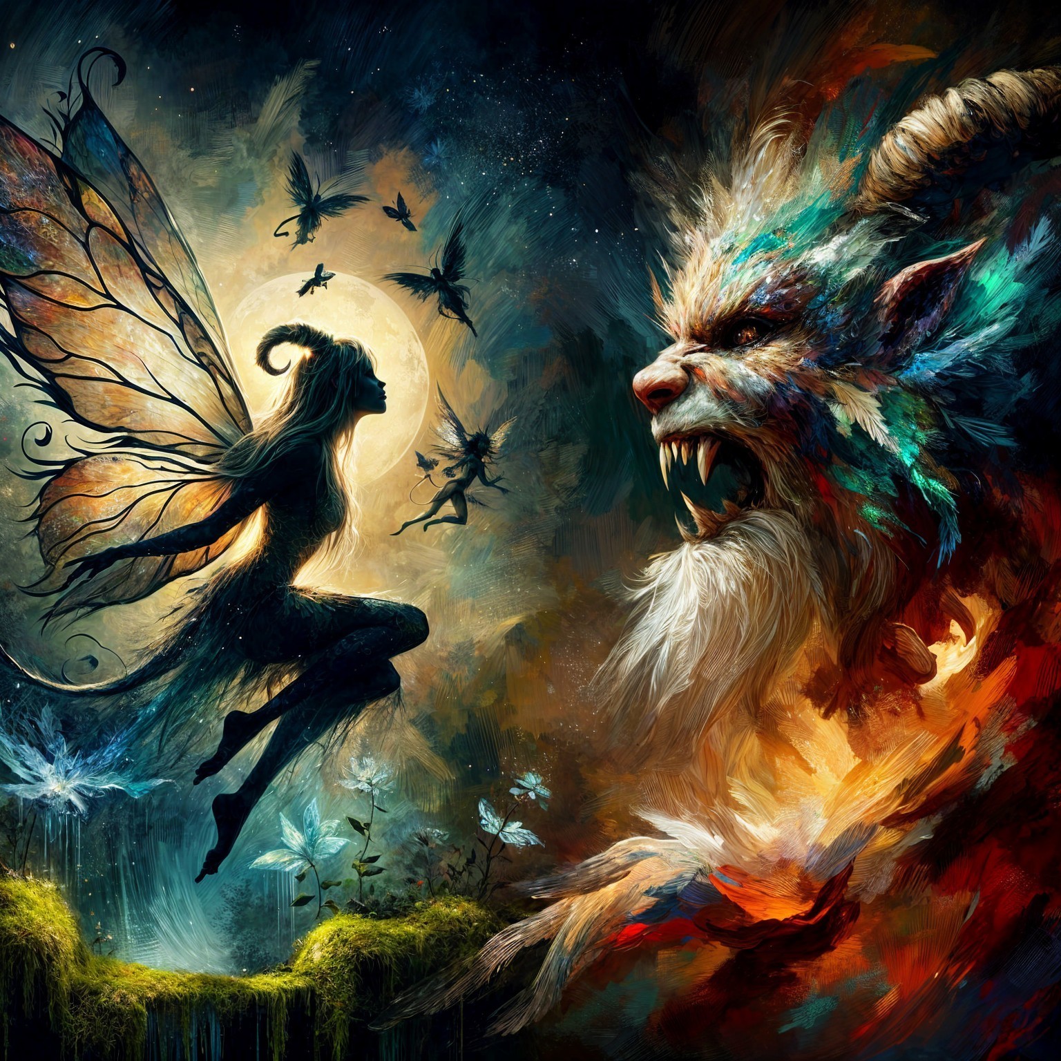 Fairy and Beast in a Mystical Moonlit Scene
