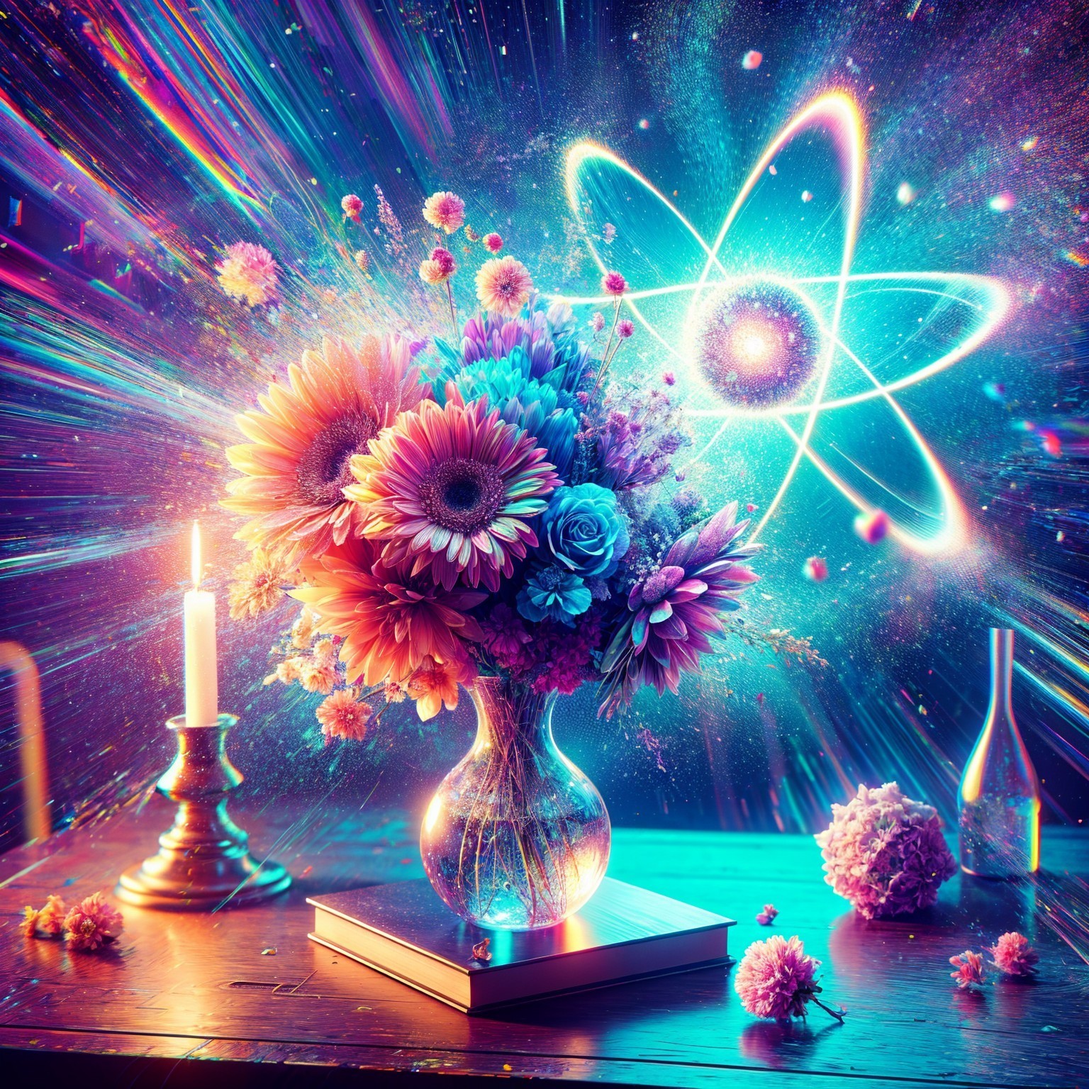 Colorful Flower Bouquet in Glass Vase with Cosmic Background