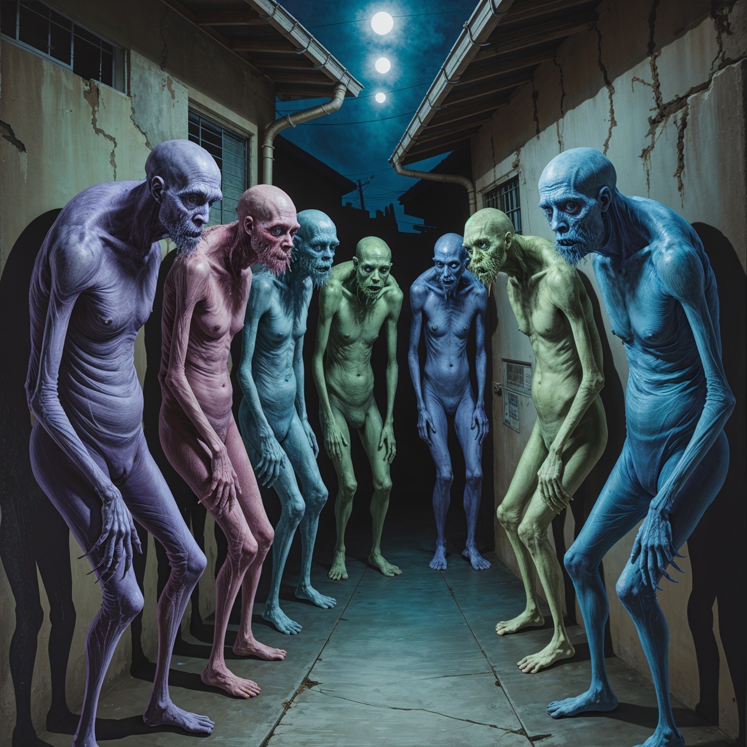 Eerie Skeletal Figures in Dimly Lit Alleyway