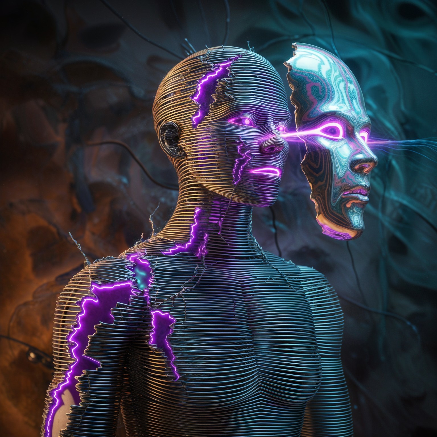 Futuristic Humanoid Figure with Metallic Lines and Colors