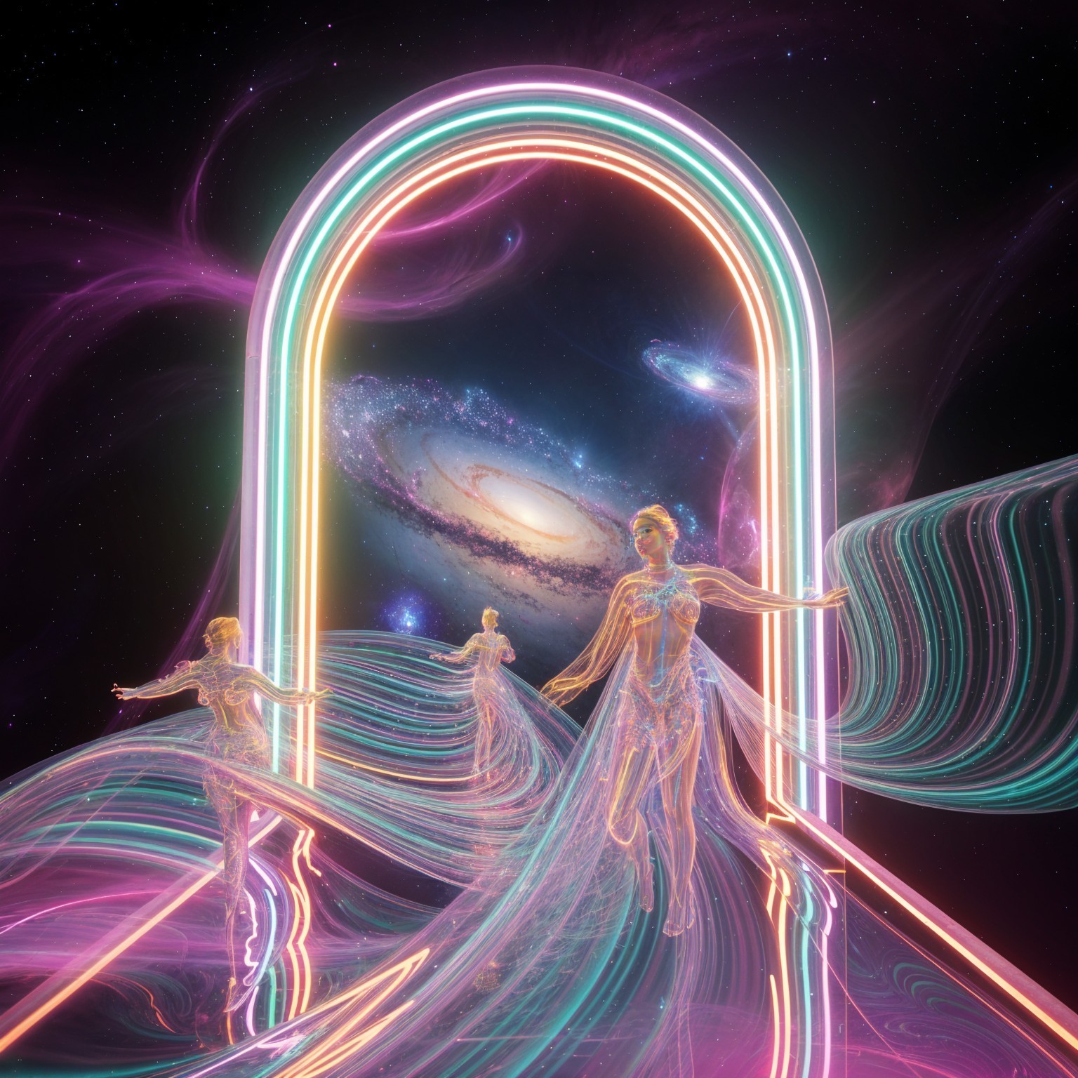 Surreal Cosmic Scene with Ethereal Figures and Galaxy