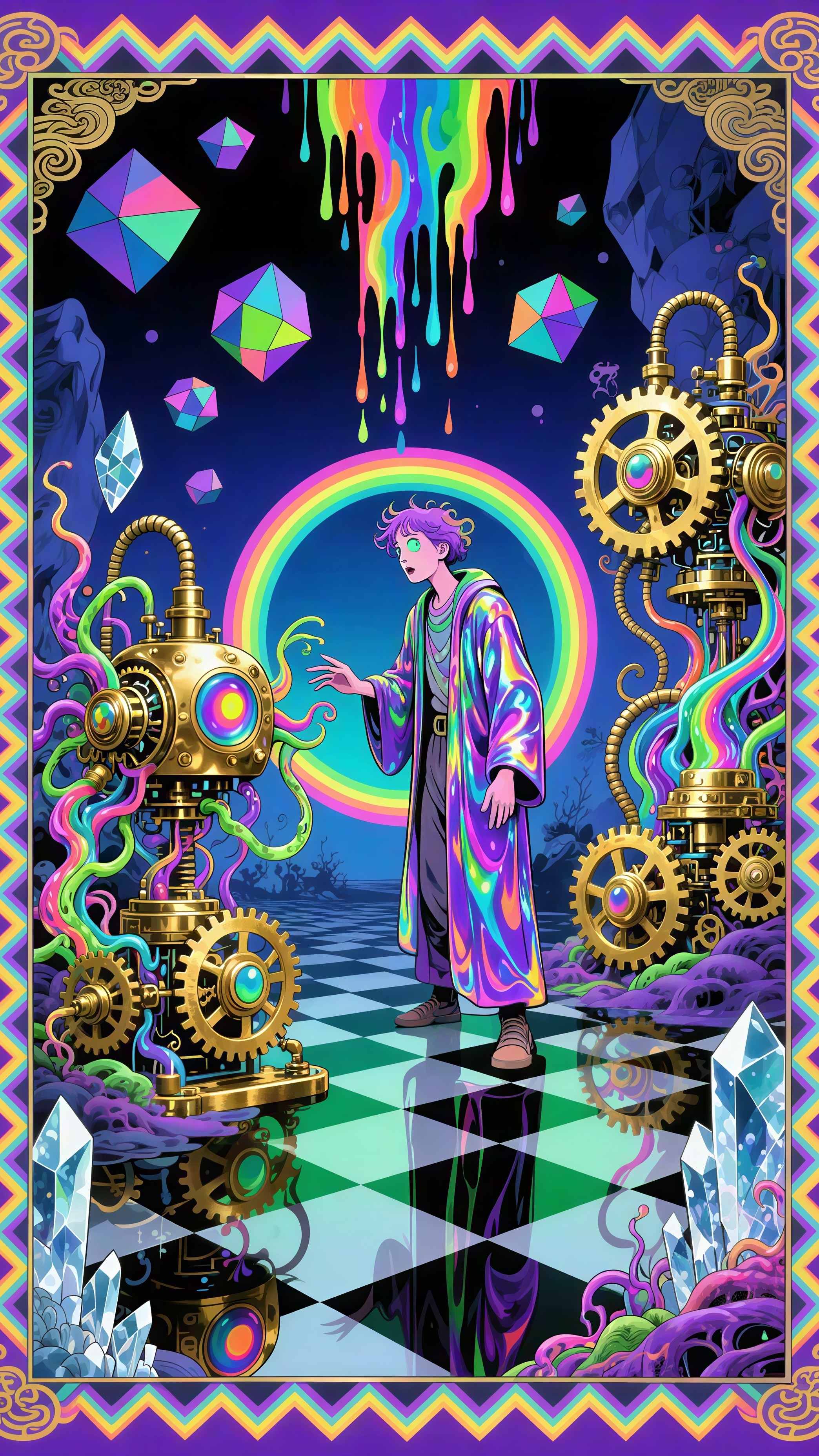 Neon Retro Anime Illustration with Steampunk Machine