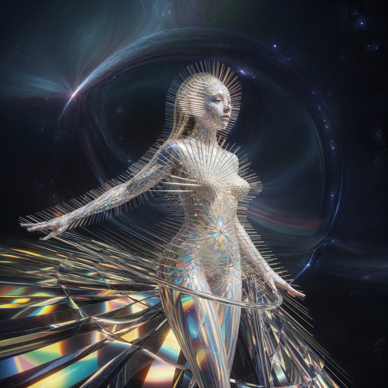 Futuristic figure in shimmering translucent material with galaxies