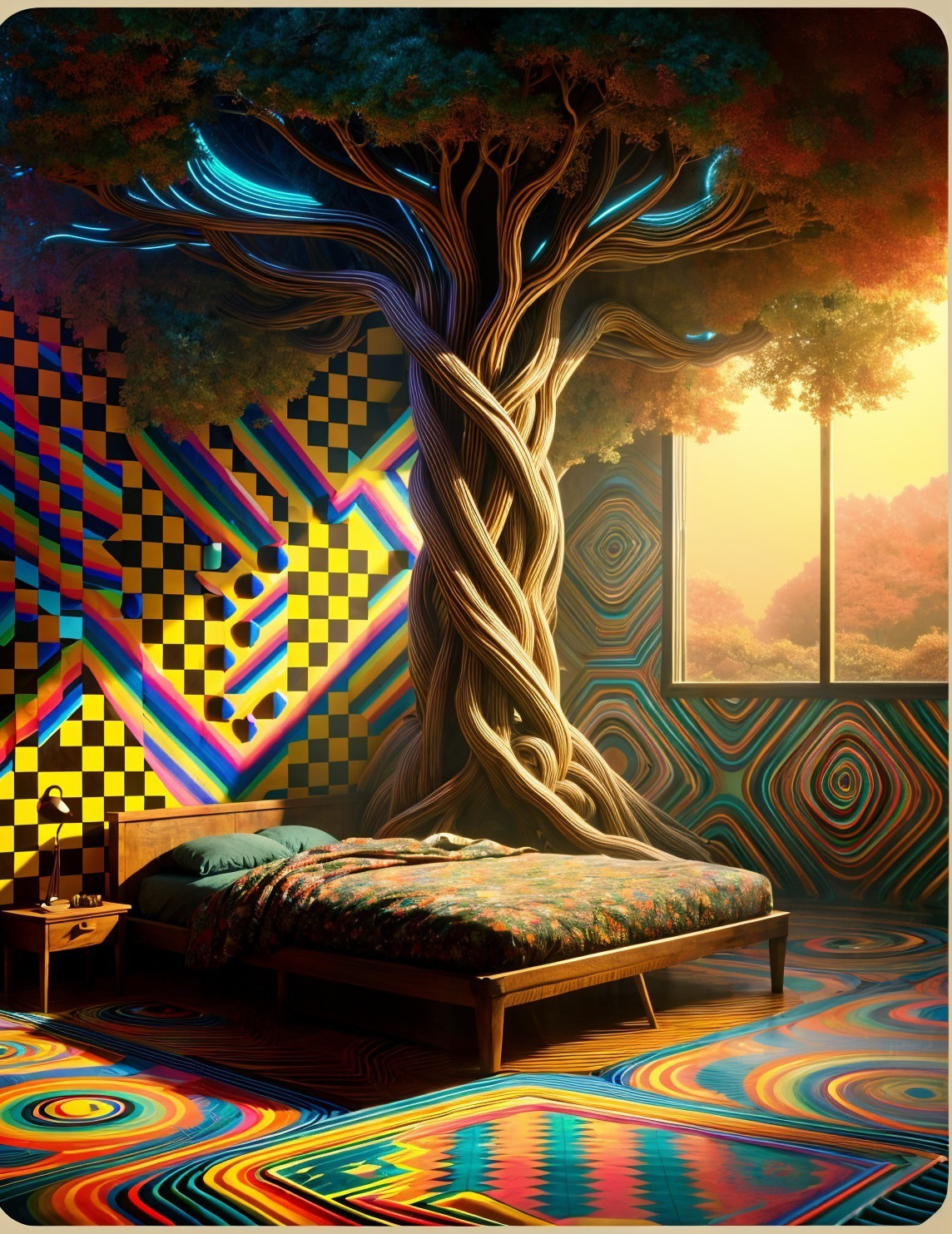 Psychedelic Bedroom with Neon Tree and Bold Patterns