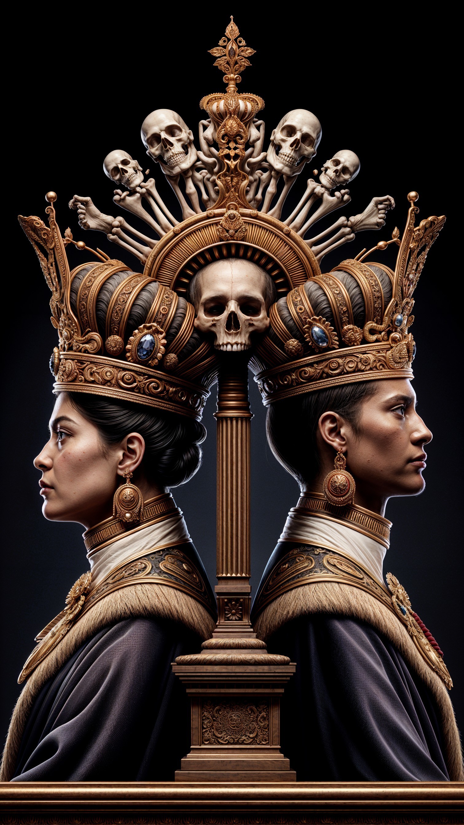Regal Figures with Crowns and Gothic Skull Elements