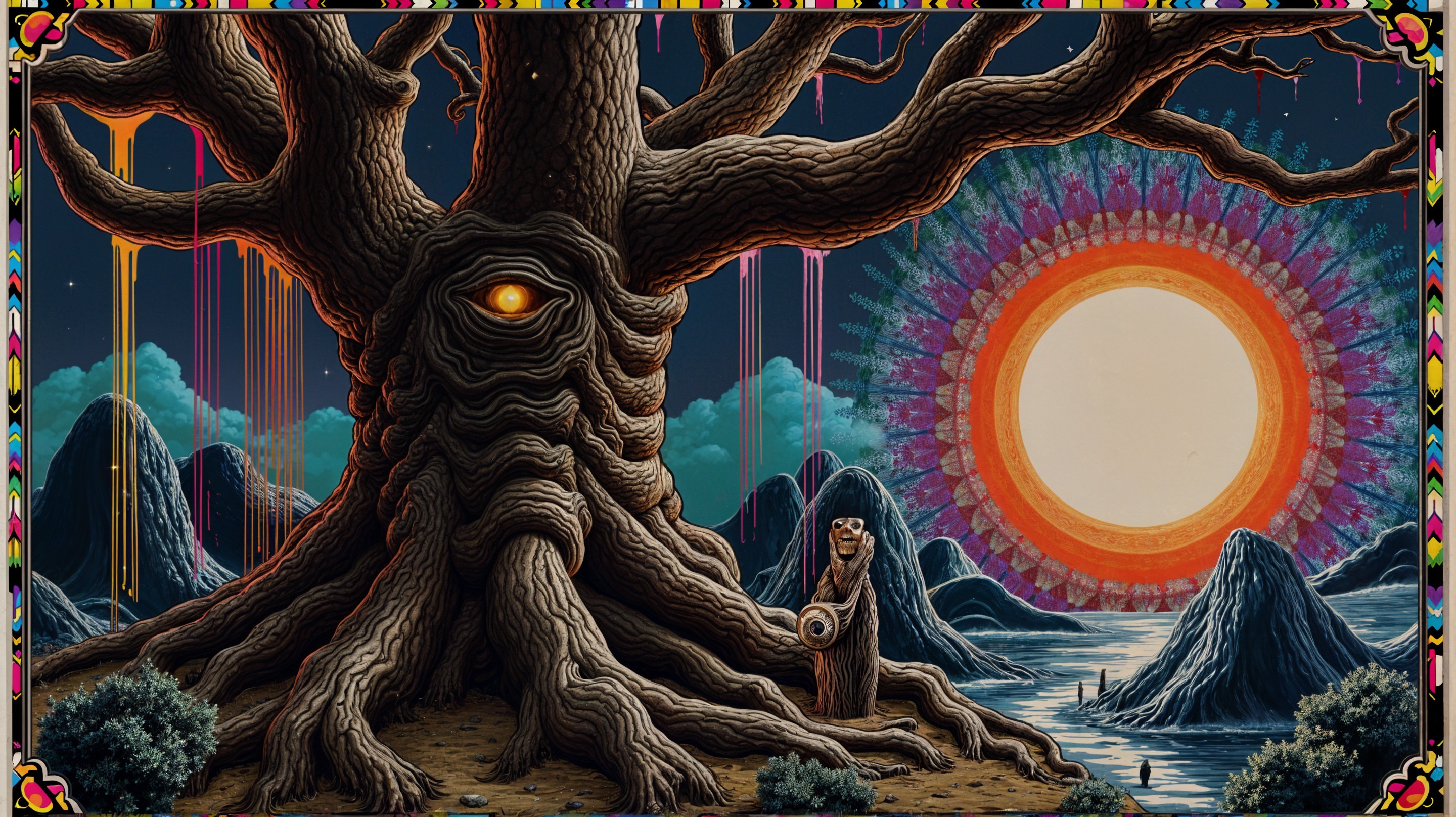 Mystical tree with eye under starry night sky