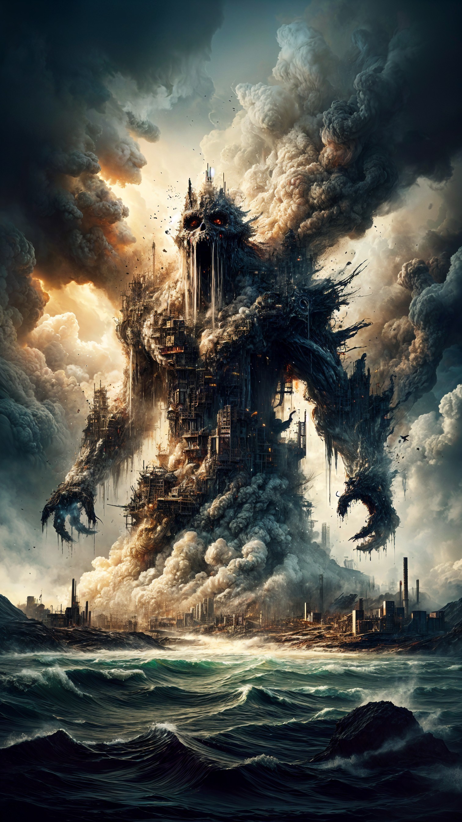 Colossal Figure Rising from Tumultuous Sea and Smoke