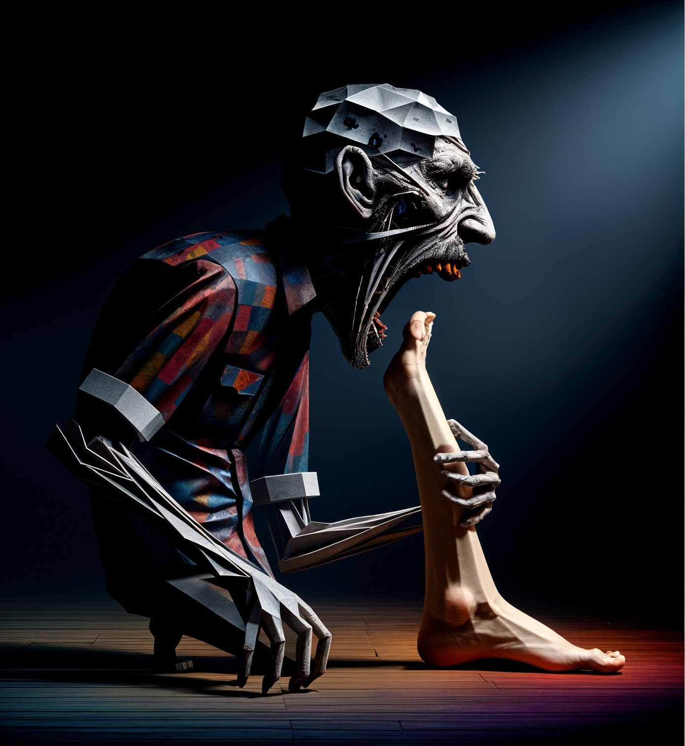 Surreal Scene of Monstrous Figure Gripping Human Foot