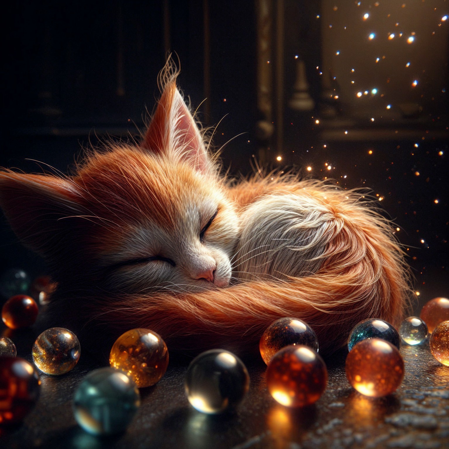 Fluffy Orange Kitten Surrounded by Colorful Marbles