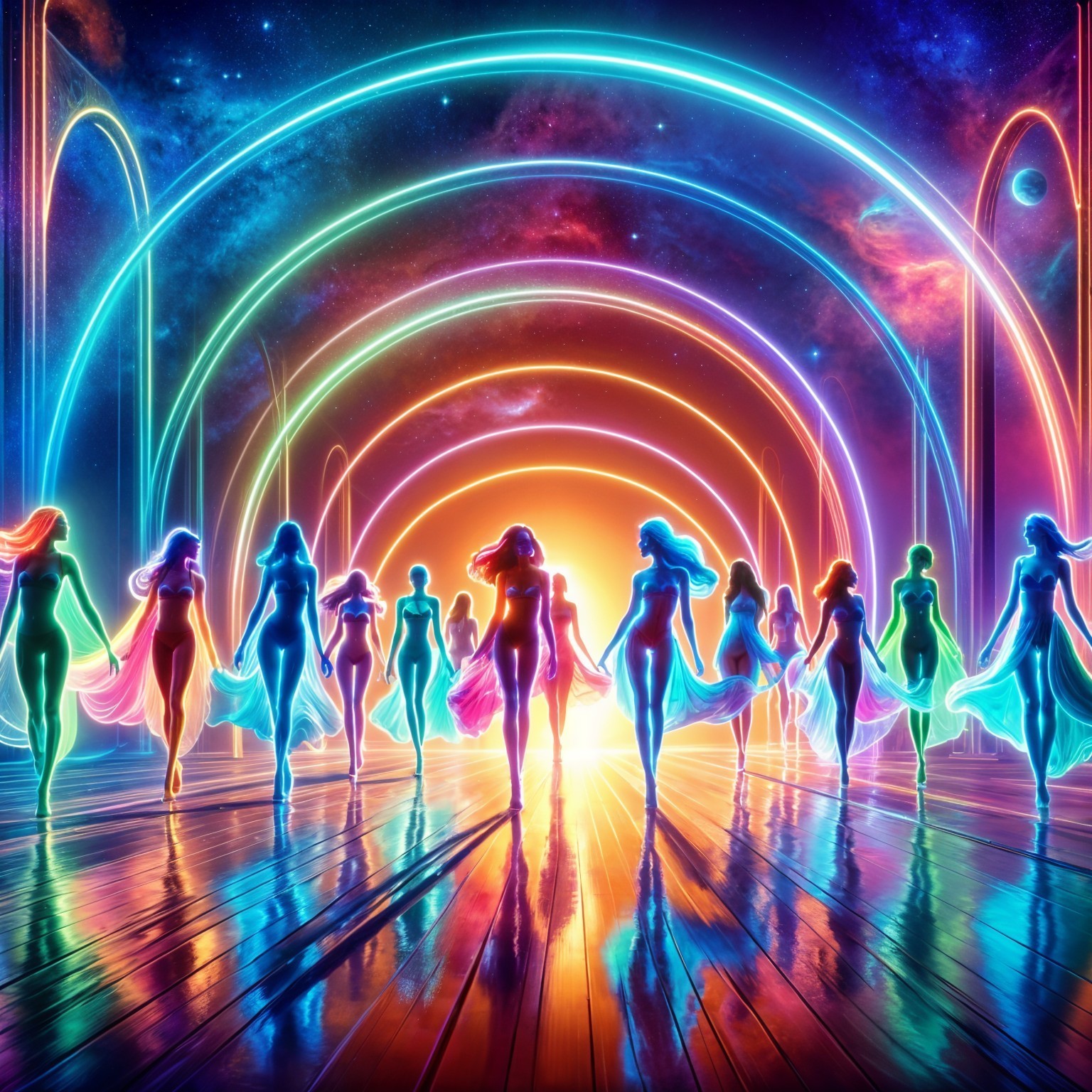 Silhouetted Figures in a Colorful Cosmic Corridor
