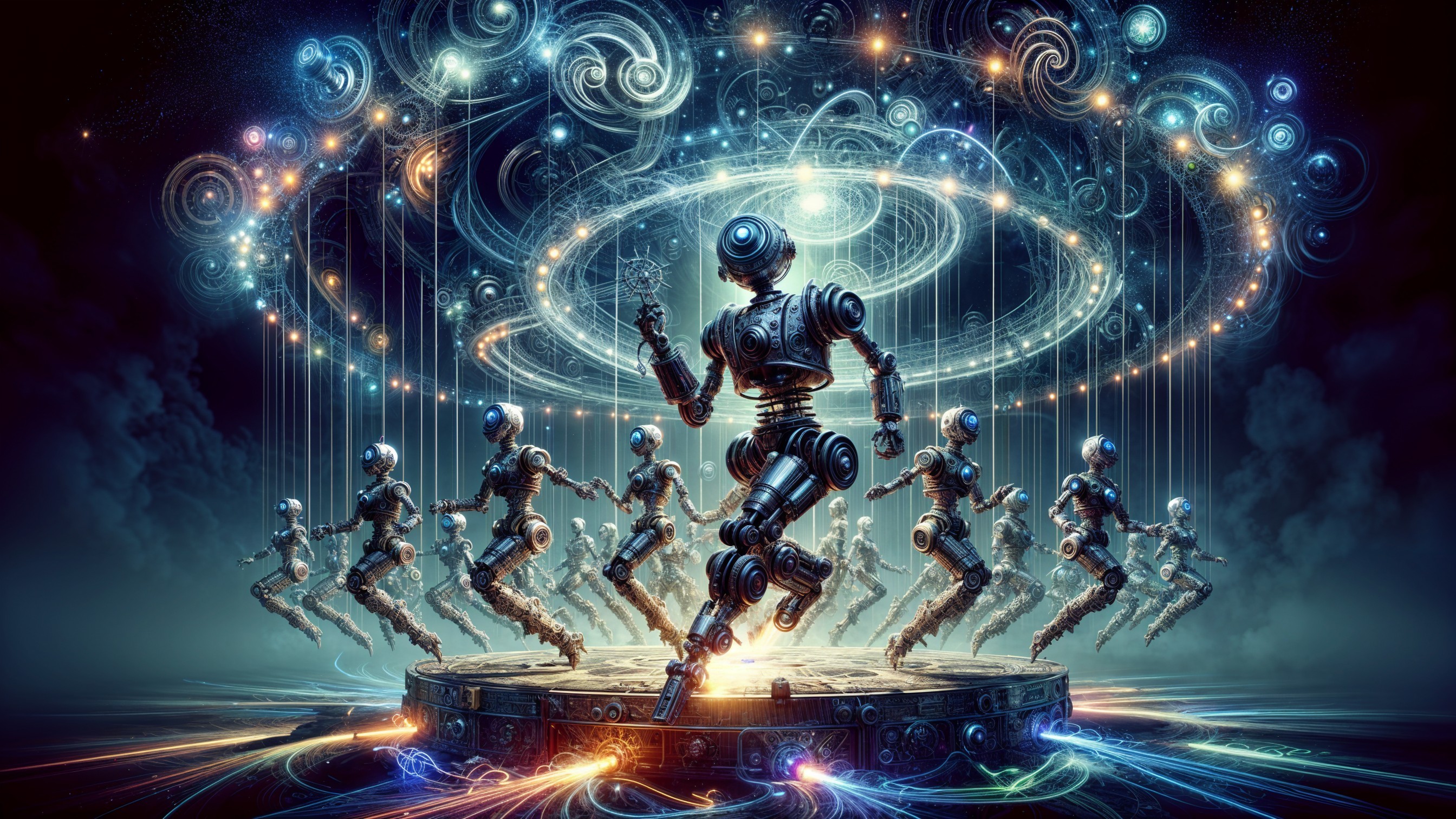 Robotic Figures Dancing in a Cosmic Landscape