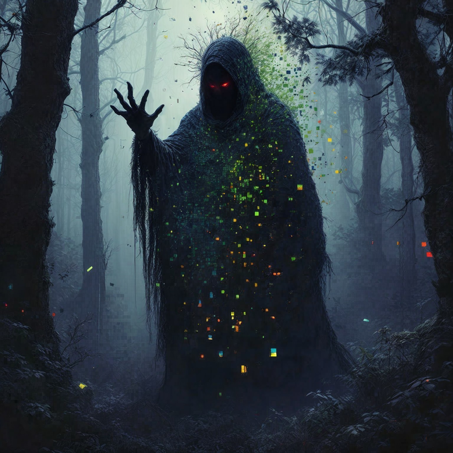 Cloaked Figure with Red Eyes in Shadowy Forest