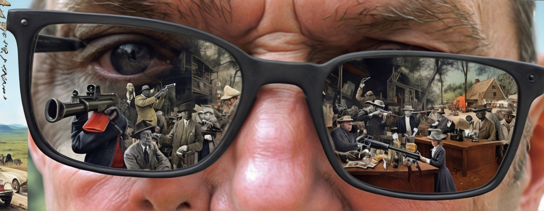 Close-up of Face with Sunglasses Reflecting Western Standoff