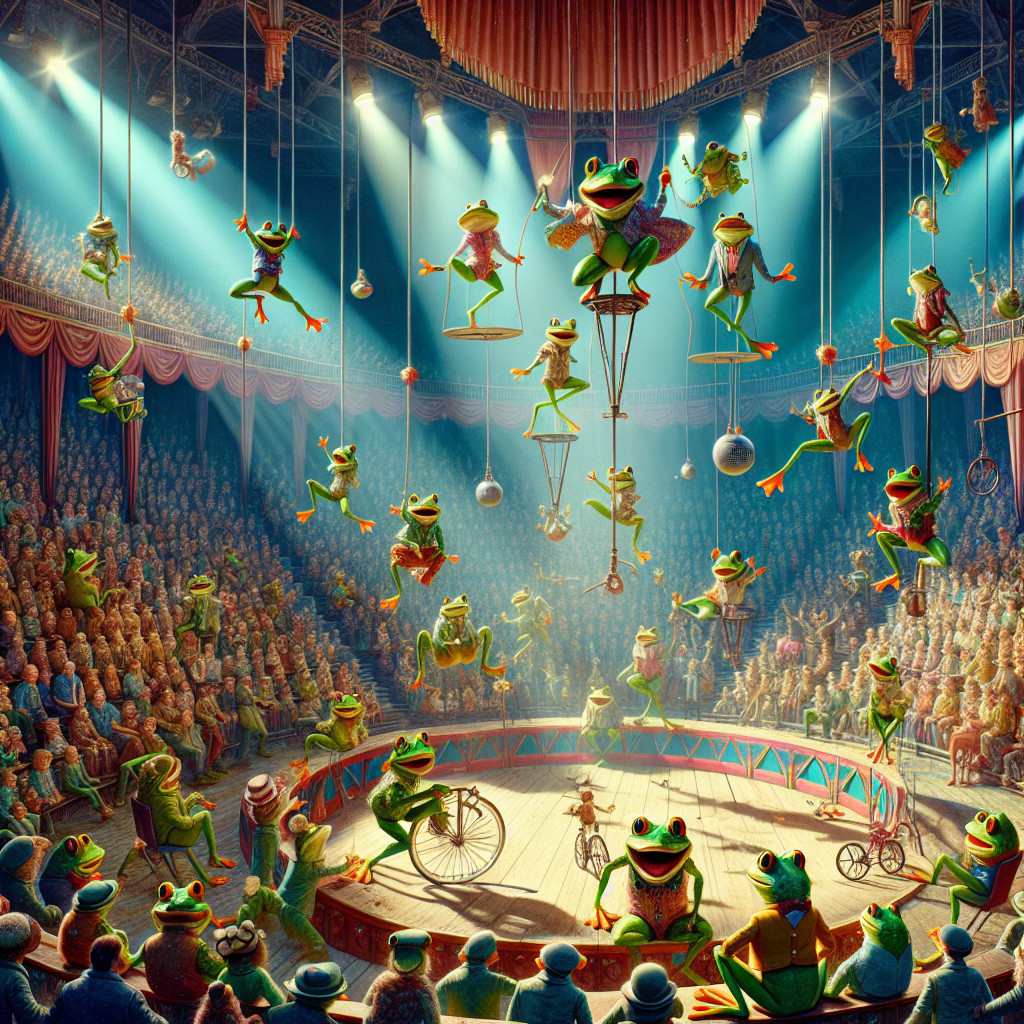 Vibrant Circus Scene with Performing Frogs and Animals