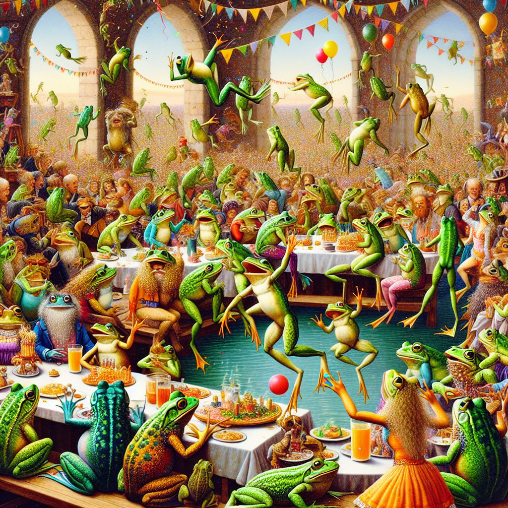 Frogs Celebrating at a Colorful Banquet Scene