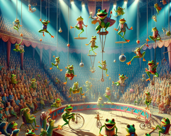 Vibrant Circus Scene with Performing Frogs and Animals