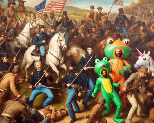 Chaotic Battle Scene with Colorful Costumed Figures