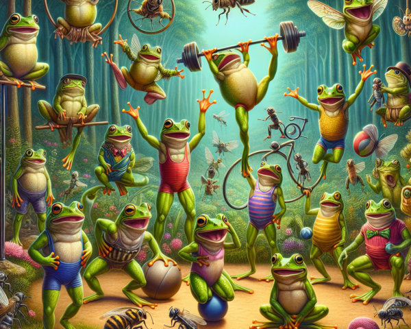 Whimsical Forest Scene with Athletic Frogs Engaging in Sports