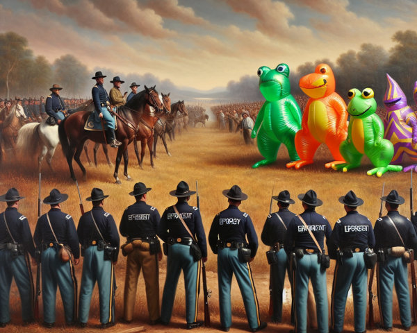 Surreal Historical Landscape with Soldiers and Inflatable Frogs