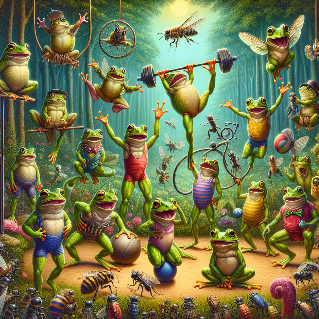 Whimsical Forest Scene with Athletic Frogs Engaging in Sports