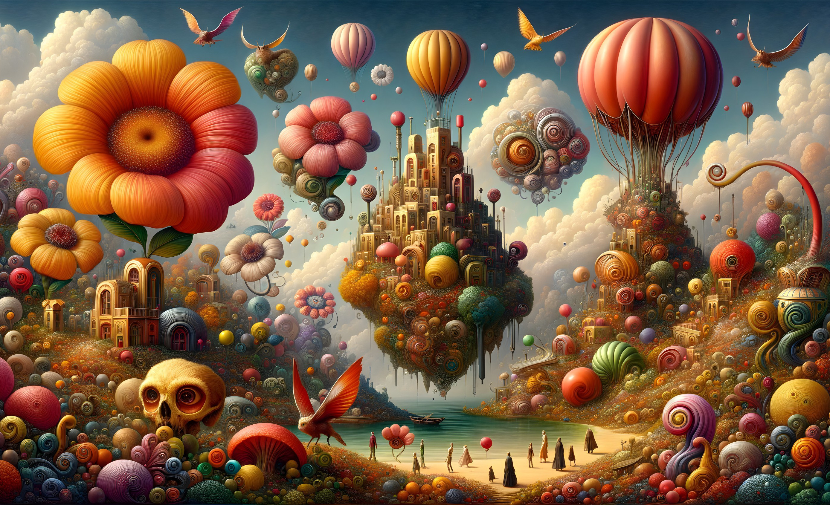 Fantastical landscape with oversized flowers, floating islands, hot air balloons, whimsical buildings, and