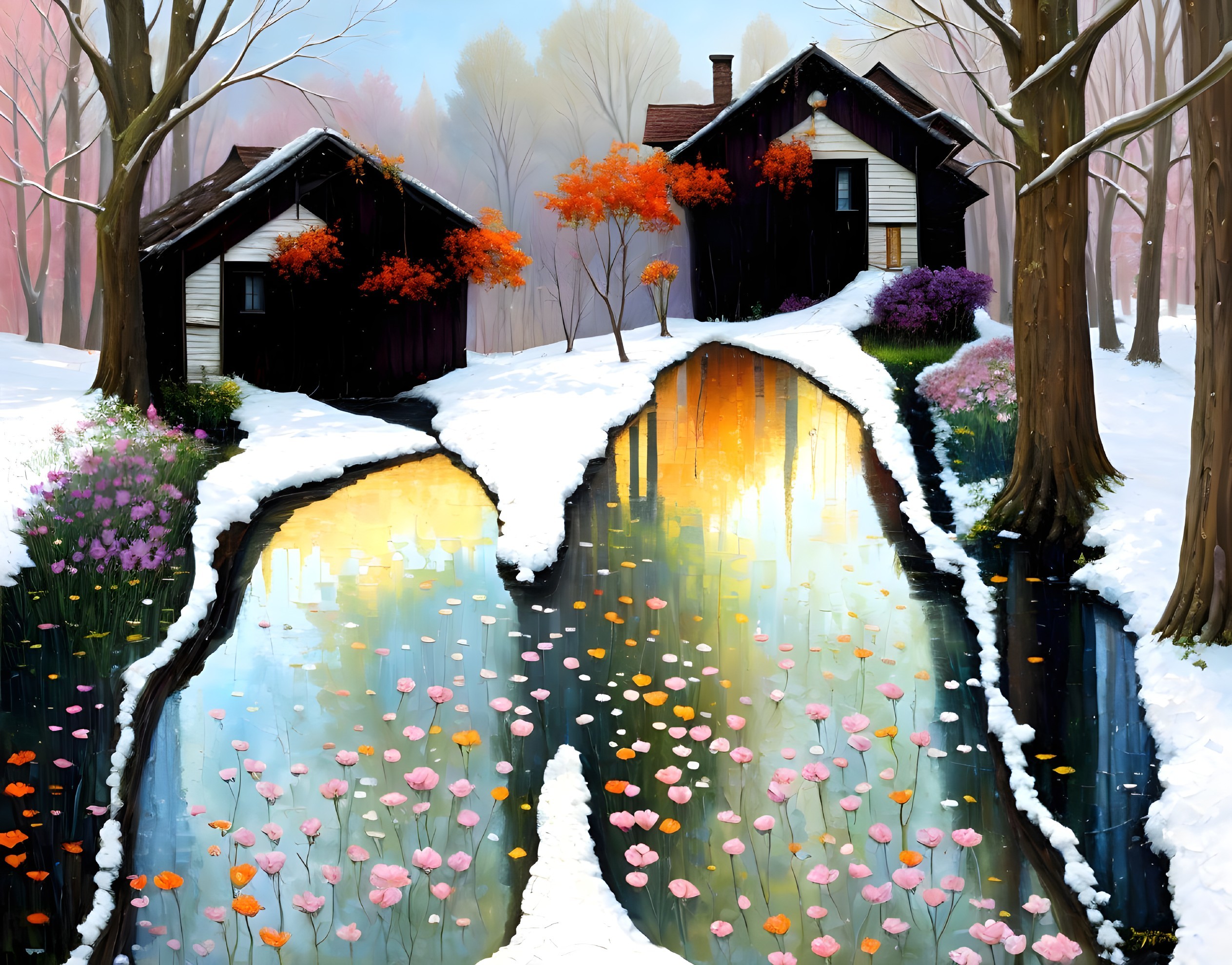 Winter landscape: Cozy cottages by serene river with colorful trees and snow patches