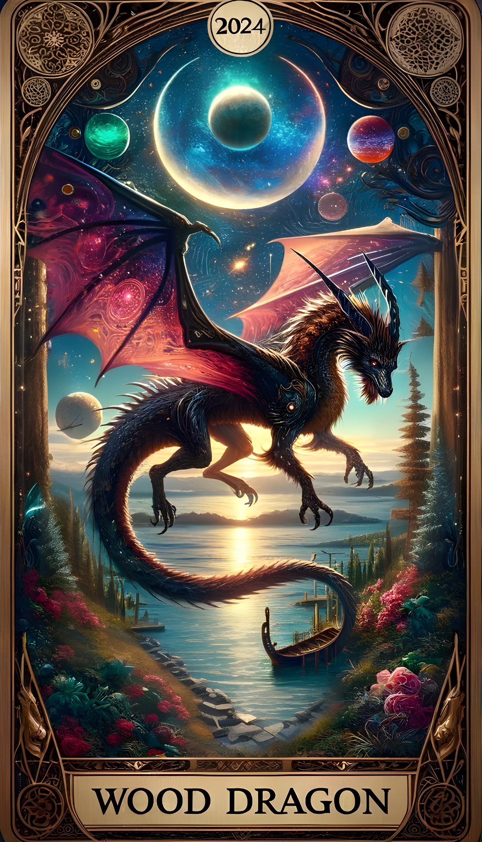 Black dragon flying over forest landscape with cosmic archway.