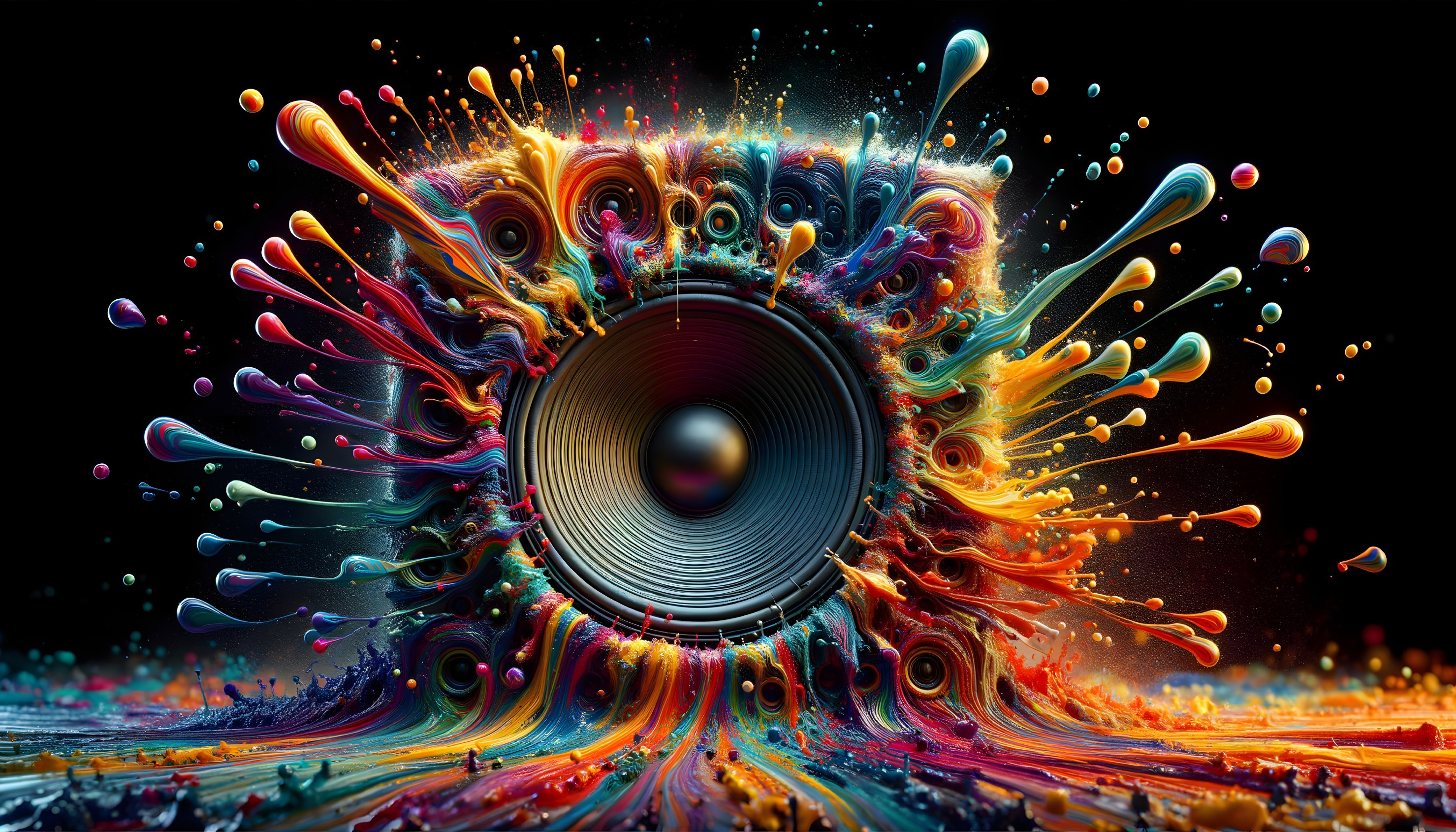 Colorful Paint Splatter Exploding from Speaker on Dark Background