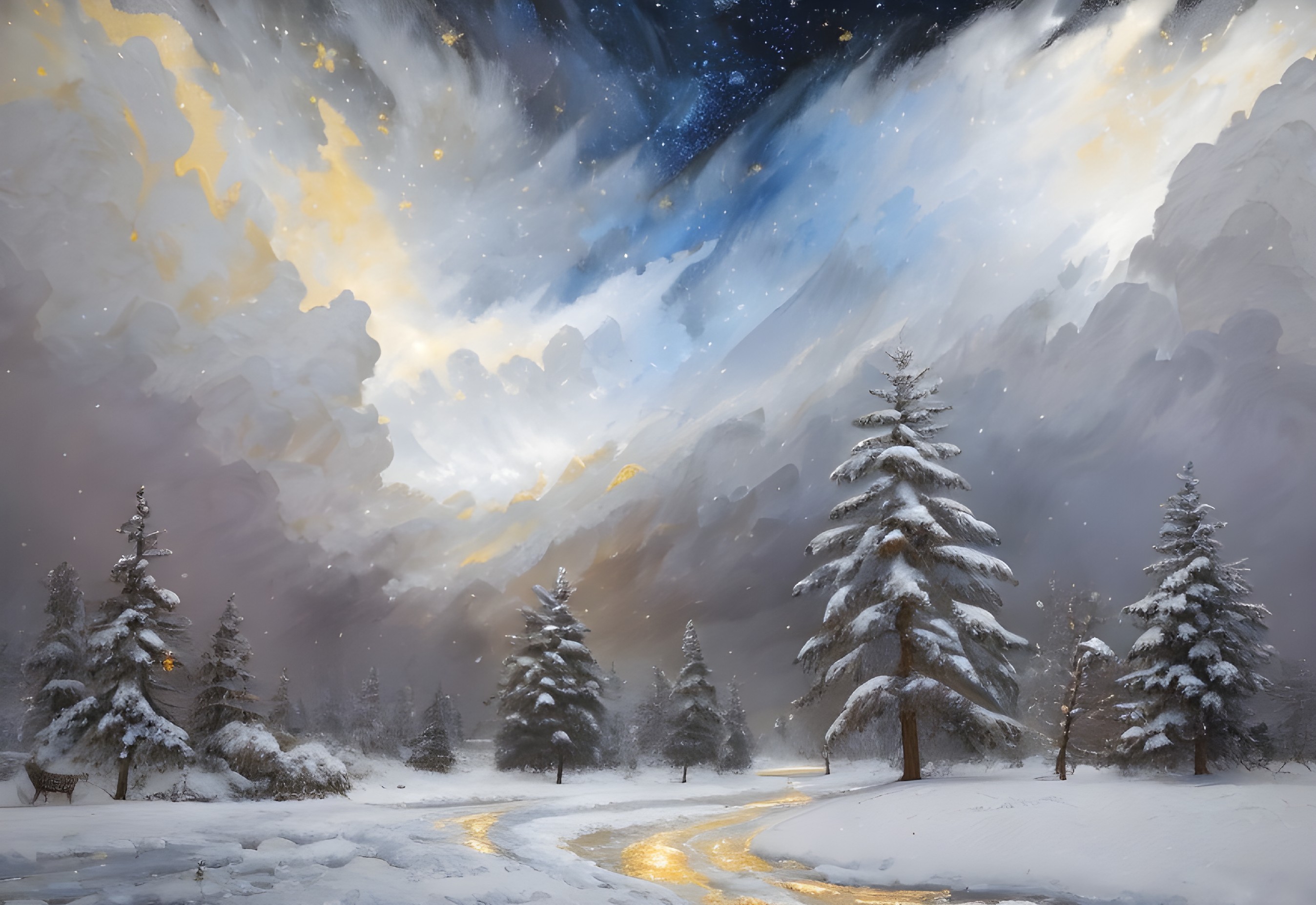 Snow-covered trees in winter landscape with forest path and dramatic starry sky