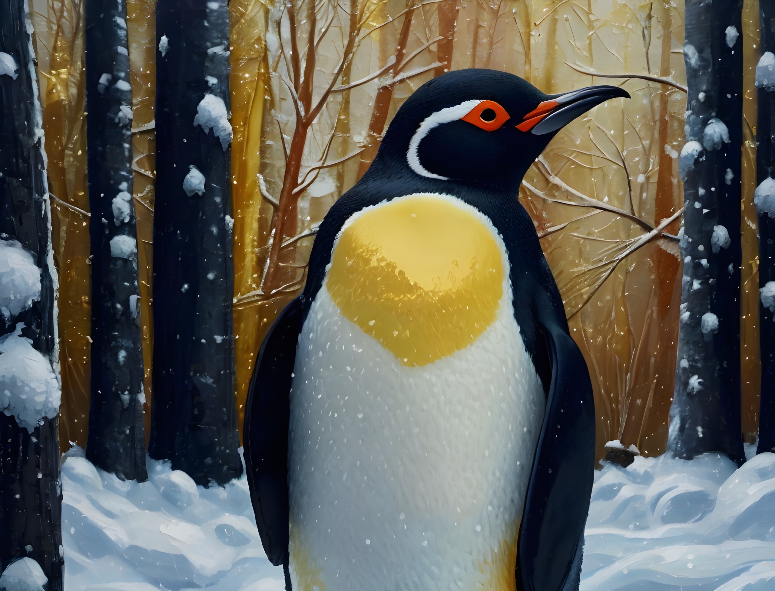 Penguin in snowy forest surrounded by trees and snow-covered ground