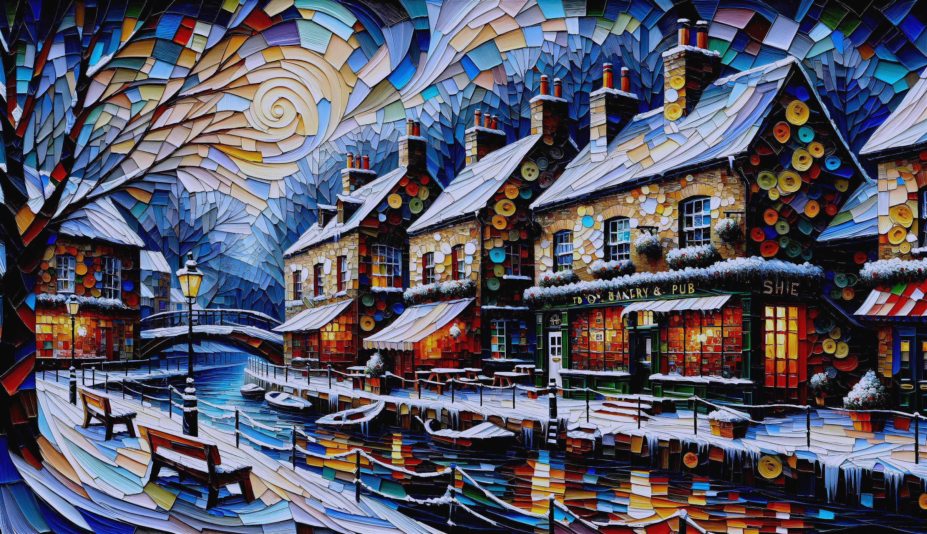 Colorful Abstract Painting of Snowy Village Scene