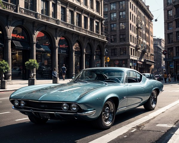 Vintage Blue Sports Car on Bustling City Street