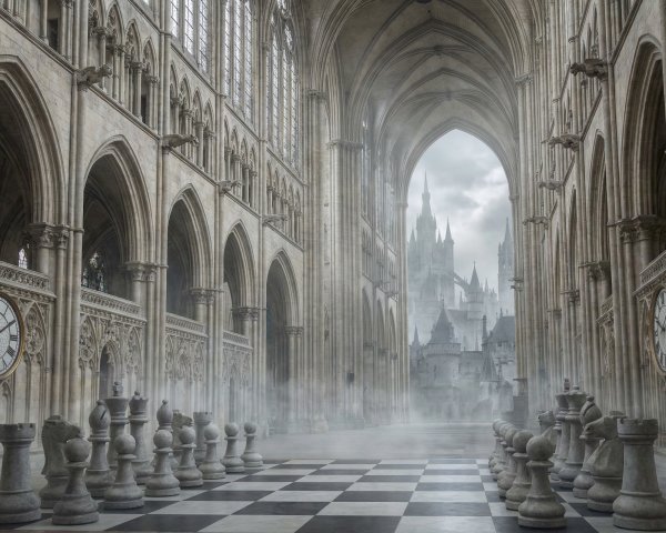 Gothic Chess Hall with Misty Atmosphere and Castle